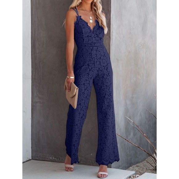 Lace V-Neck Spaghetti Strap Jumpsuit in White - Picture 7 of 12